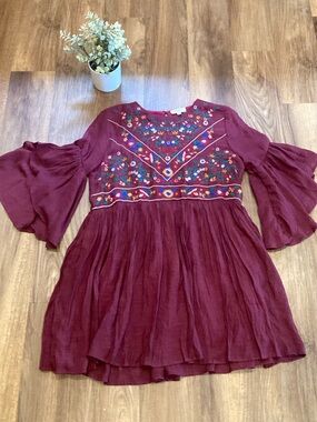 Umgee Burgundy Floral Embroidered Tunic Dress